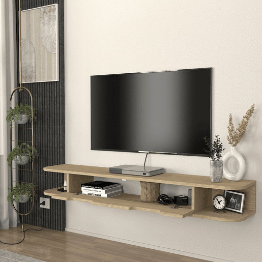 Mesa suspensa para TV Karjali com compartimentos 150x30x19 cm aspeto carvalho en.casa