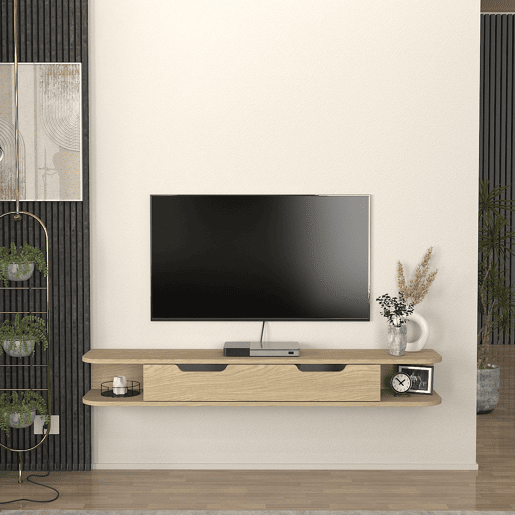 Mesa suspensa para TV Karjali com compartimentos 150x30x19 cm aspeto carvalho en.casa