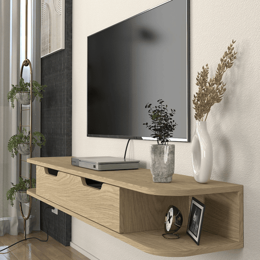Mesa suspensa para TV Karjali com compartimentos 150x30x19 cm aspeto carvalho en.casa