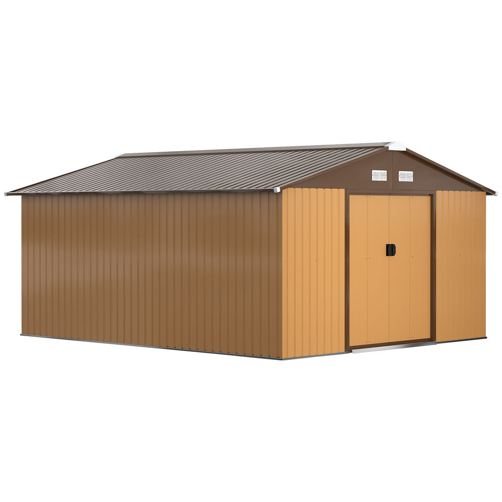 Outsunny caseta de jardín exterior, 12,4 m² 340x386x200 cm cobertizo de jardín exterior metálico con puertas dobles con cerradura kit de fundación y ventilación para almacenaje bicicletas ocre oscuro