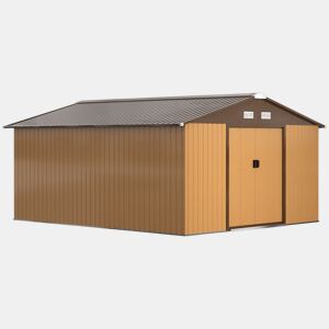Outsunny Caseta de Jardim Exterior, 12,4 m² 340x386x200 cm Abrigo de Jardim Metálico com Portas Duplas com Fechadura, Kit de Fundação e Ventilação para Armazenamento de Bicicletas, Cor Ocre Escuro