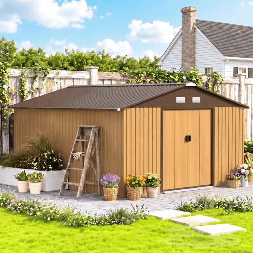 Outsunny Caseta de Jardim Exterior, 12,4 m² 340x386x200 cm Abrigo de Jardim Metálico com Portas Duplas com Fechadura, Kit de Fundação e Ventilação para Armazenamento de Bicicletas, Cor Ocre Escuro