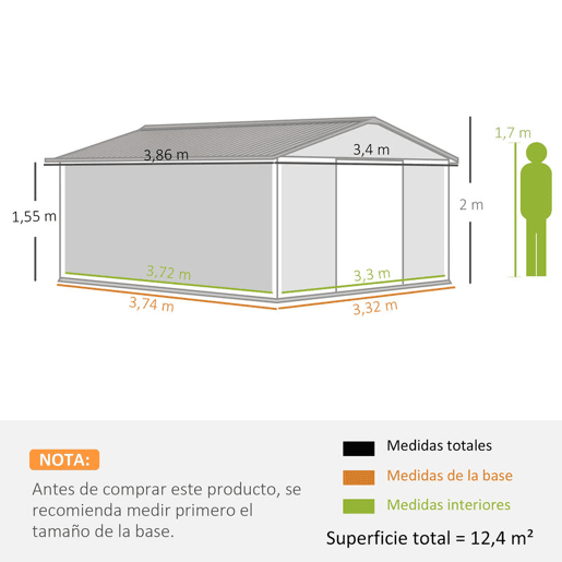Outsunny Caseta de Jardim Exterior, 12,4 m² 340x386x200 cm Abrigo de Jardim Metálico com Portas Duplas com Fechadura, Kit de Fundação e Ventilação para Armazenamento de Bicicletas, Cor Ocre Escuro