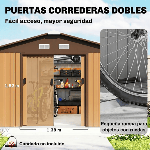 Outsunny Caseta de Jardim Exterior, 12,4 m² 340x386x200 cm Abrigo de Jardim Metálico com Portas Duplas com Fechadura, Kit de Fundação e Ventilação para Armazenamento de Bicicletas, Cor Ocre Escuro