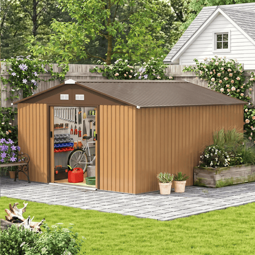 Outsunny Caseta de Jardim Exterior, 12,4 m² 340x386x200 cm Abrigo de Jardim Metálico com Portas Duplas com Fechadura, Kit de Fundação e Ventilação para Armazenamento de Bicicletas, Cor Ocre Escuro