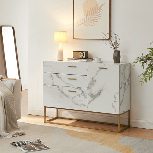 Aparador Lavangen 1 porta e 3 gavetas 75x100x35cm Mármore branco en.casa