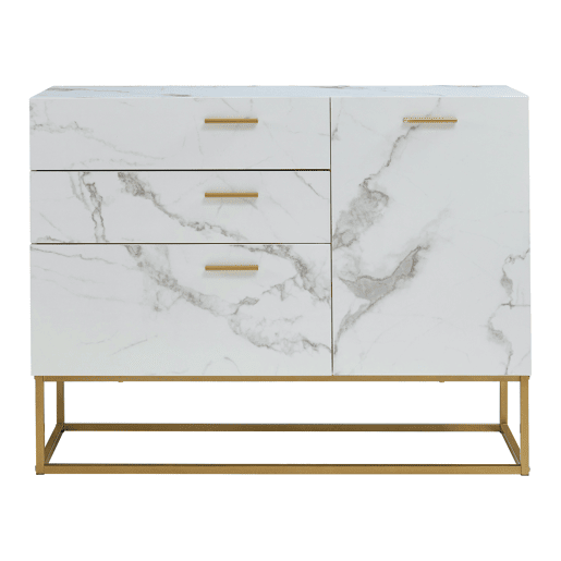 Aparador Lavangen 1 porta e 3 gavetas 75x100x35cm Mármore branco en.casa