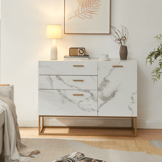 Aparador Lavangen 1 porta e 3 gavetas 75x100x35cm Mármore branco en.casa