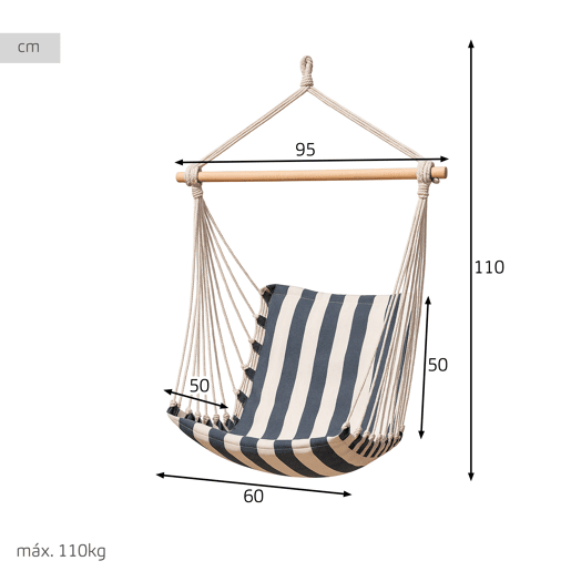 Aktive Cadeira suspensa listrada 90x55x125 cm com suporte de madeira