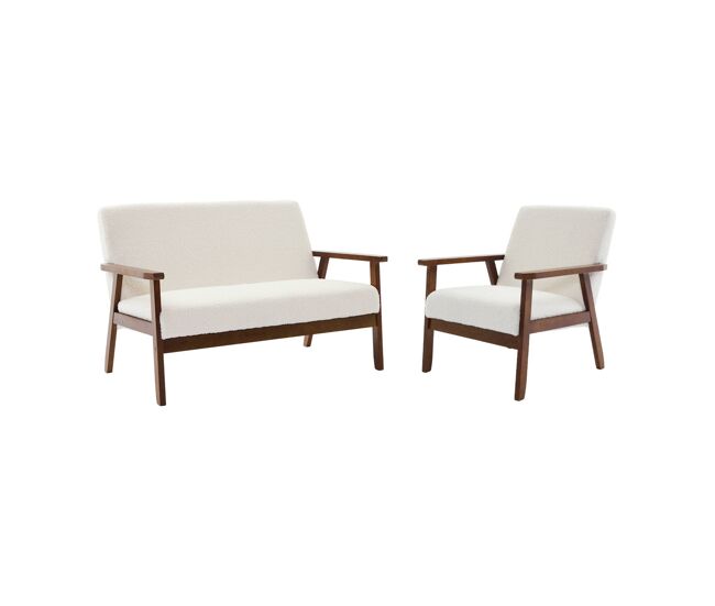 Sofá y sillón 2 plazas en tejido borreguito, patas teñidas madera oscura crema - 114x69.5x73 cm