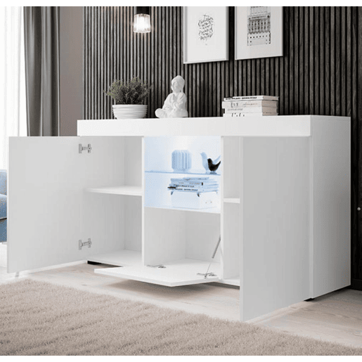 Aparador Sala de estar e jantar Branco 150x40x80 3 portas LED Natolia Muebles Bonitos