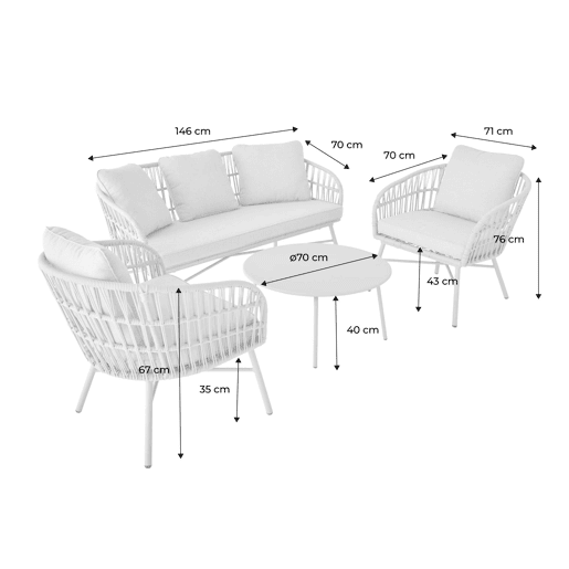 Conjunto de mobiliário de jardim de corda com 4 lugares, Vatuo, Beige, 146x70x76 cm