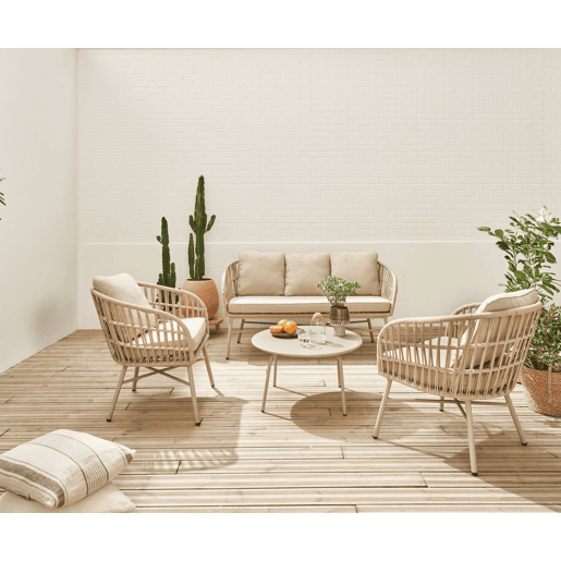 Conjunto de mobiliário de jardim de corda com 4 lugares, Vatuo, Beige, 146x70x76 cm