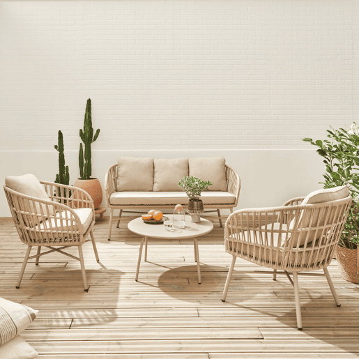 Conjunto de mobiliário de jardim de corda com 4 lugares, Vatuo, Beige, 146x70x76 cm