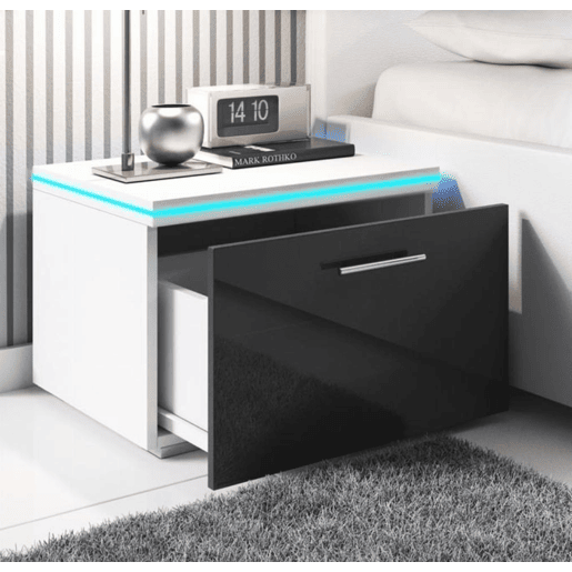 Mesa de cabeceira Quarto de dormir BrancoPreto 50x45x36,5 1 gaveta LED Victoria Muebles Bonitos