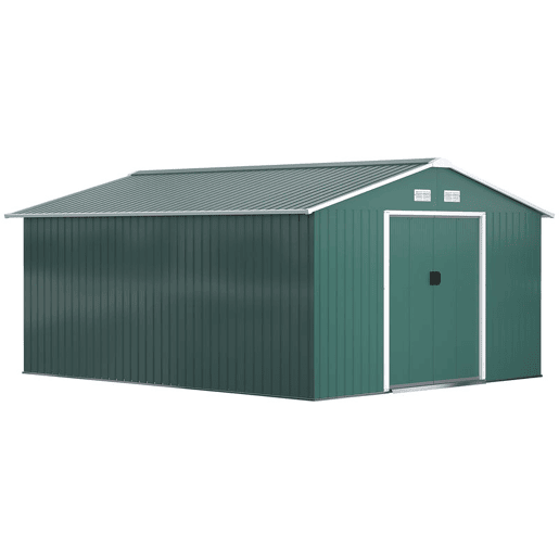 Outsunny Caseta de Jardim Exterior, 12,4 m² 340x386x200 cm Abrigo Metálico de Jardim com Portas Duplas com Fechadura, Kit de Fundação e Ventilação para Armazenamento de Bicicletas Verde