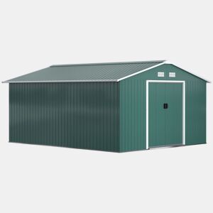 Outsunny Caseta de Jardim Exterior, 12,4 m² 340x386x200 cm Abrigo Metálico de Jardim com Portas Duplas com Fechadura, Kit de Fundação e Ventilação para Armazenamento de Bicicletas Verde
