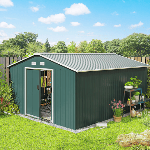 Outsunny Caseta de Jardim Exterior, 12,4 m² 340x386x200 cm Abrigo Metálico de Jardim com Portas Duplas com Fechadura, Kit de Fundação e Ventilação para Armazenamento de Bicicletas Verde