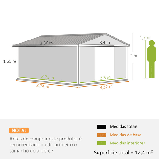 Outsunny Caseta de Jardim Exterior, 12,4 m² 340x386x200 cm Abrigo Metálico de Jardim com Portas Duplas com Fechadura, Kit de Fundação e Ventilação para Armazenamento de Bicicletas Verde
