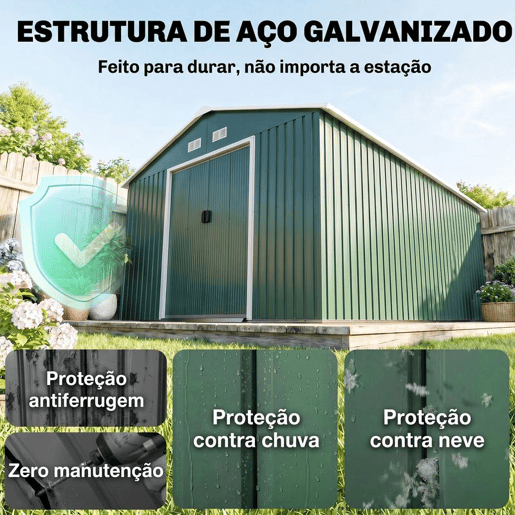 Outsunny Caseta de Jardim Exterior, 12,4 m² 340x386x200 cm Abrigo Metálico de Jardim com Portas Duplas com Fechadura, Kit de Fundação e Ventilação para Armazenamento de Bicicletas Verde