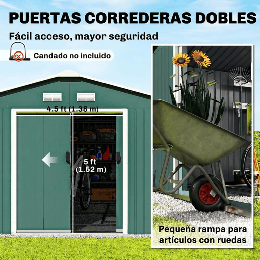 Outsunny Caseta de Jardim Exterior, 12,4 m² 340x386x200 cm Abrigo Metálico de Jardim com Portas Duplas com Fechadura, Kit de Fundação e Ventilação para Armazenamento de Bicicletas Verde