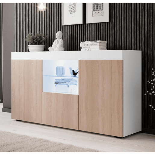 Aparador Sala de estar e jantar BrancoSonoma 150x40x80 3 portas LED Natolia Muebles Bonitos