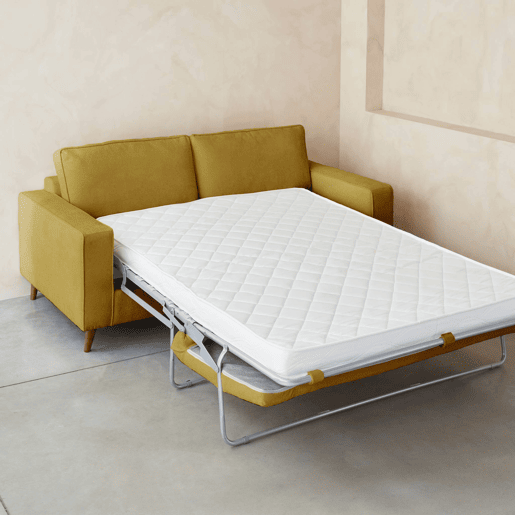 Sofá-cama conversível 3 lugares tecido com colchão, Gustave, Mostarda, 198x97x83 cm