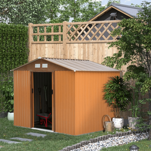 Outsunny Abrigo de Jardim Exterior 4,83m² 277x195x192cm Abrigo de Jardim Metálico para Armazenamento de Ferramentas com Base de Reforço Incluída e 4 Janelas Marrom