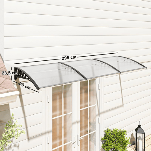 Outsunny Marquise para Portas e Janelas 295x90 cm Marquise com Proteção para Sol e Chuva com Painéis de Policarbonato e Liga de Alumínio Transparente
