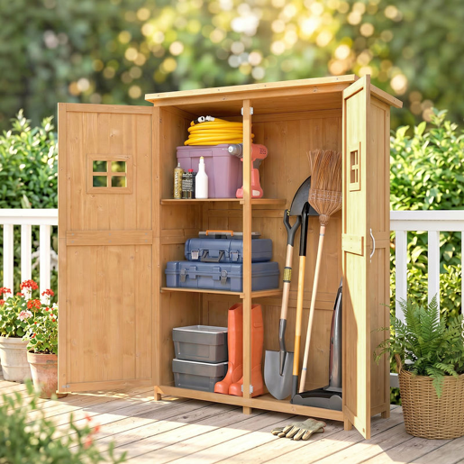 Outsunny Abrigo de Jardim para Ferramentas Armário de Madeira para Exterior com Prateleira Dupla Porta Janelas e Teto Asfáltico 127,5x50x164cm Madeira