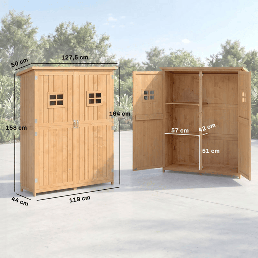 Outsunny Abrigo de Jardim para Ferramentas Armário de Madeira para Exterior com Prateleira Dupla Porta Janelas e Teto Asfáltico 127,5x50x164cm Madeira