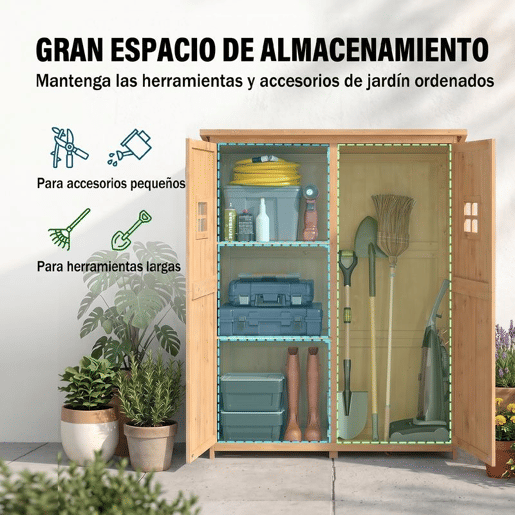 Outsunny Abrigo de Jardim para Ferramentas Armário de Madeira para Exterior com Prateleira Dupla Porta Janelas e Teto Asfáltico 127,5x50x164cm Madeira