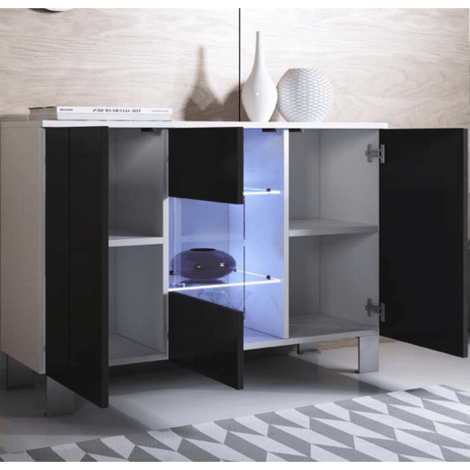Aparador Sala de estar e jantar BrancoPreto 120x40x82 3 portas LED Luke A2 Muebles Bonitos