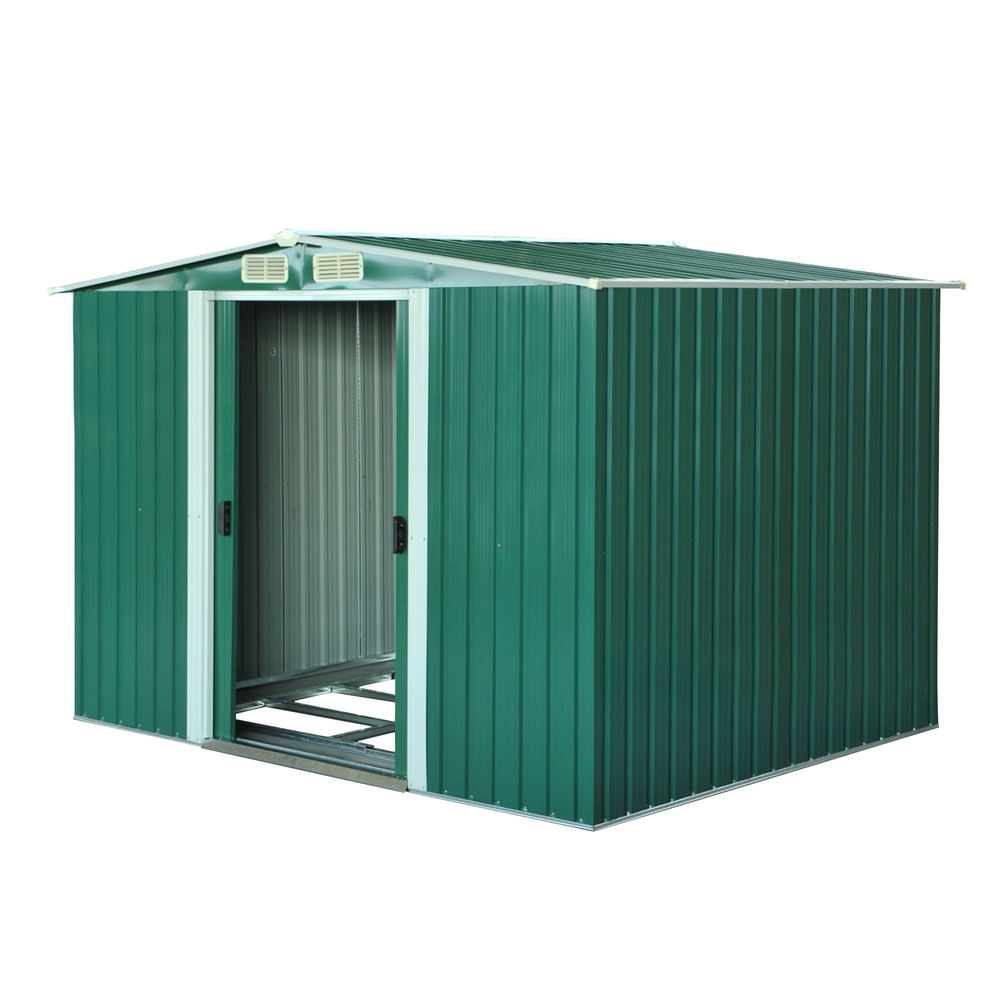 Outsunny caseta de jardín exterior 258x206x178 cm 5,3m² cobertizo de jardín exterior con base puertas correderas y ventilaciones para almacenamiento de herramientas jardinería verde