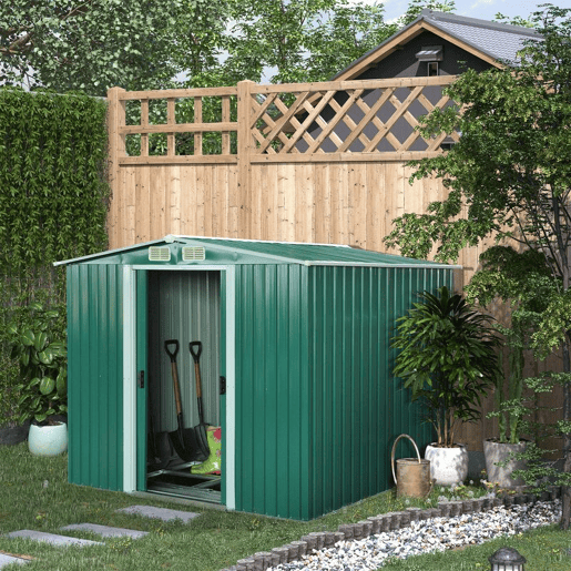 Outsunny Abrigo de Jardim 258x206x178cm 5,3m² Abrigo de Aço Galvanizado com Portas de Correr e Ventilações para Armazenamento de Ferramentas Jardinagem Verde