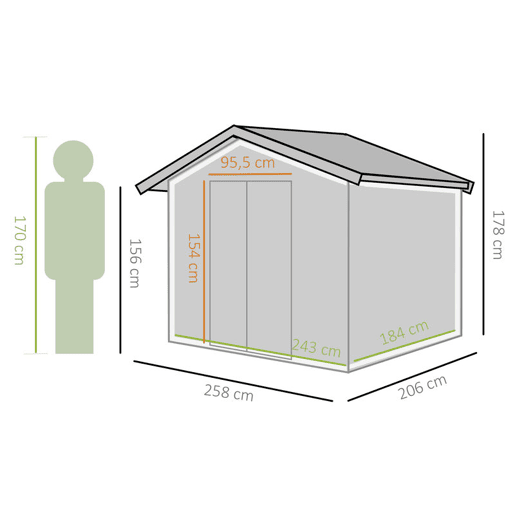 Outsunny Abrigo de Jardim 258x206x178cm 5,3m² Abrigo de Aço Galvanizado com Portas de Correr e Ventilações para Armazenamento de Ferramentas Jardinagem Verde