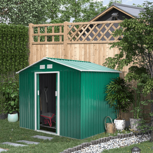 Outsunny Abrigo de Jardim Exterior 4,83m² 277x195x192cm Abrigo de Jardim Metálico para Armazenamento de Ferramentas com Base de Reforço Incluída e 4 Janelas Verde Escuro