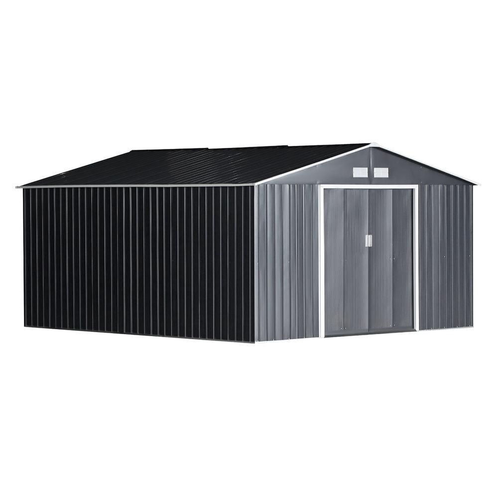 Outsunny caseta de jardín exterior, 12,4 m² 340x386x200 cm cobertizo de jardín exterior metálico con puertas dobles con cerradura kit de fundación y ventilación para almacenaje bicicletas gris oscuro