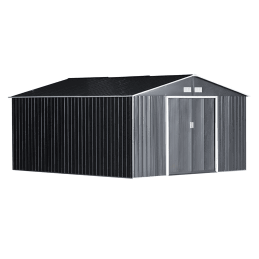 Outsunny Casota de Jardim Exterior, 12,4 m² 340x386x200 cm Abrigo de Jardim Metálico com Portas Duplas com Fechadura, Kit de Fundação e Ventilação para Armazenamento de Bicicletas Cinzento Escuro