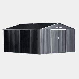 Outsunny Casota de Jardim Exterior, 12,4 m² 340x386x200 cm Abrigo de Jardim Metálico com Portas Duplas com Fechadura, Kit de Fundação e Ventilação para Armazenamento de Bicicletas Cinzento Escuro