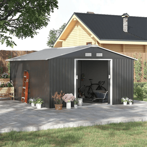 Outsunny Casota de Jardim Exterior, 12,4 m² 340x386x200 cm Abrigo de Jardim Metálico com Portas Duplas com Fechadura, Kit de Fundação e Ventilação para Armazenamento de Bicicletas Cinzento Escuro