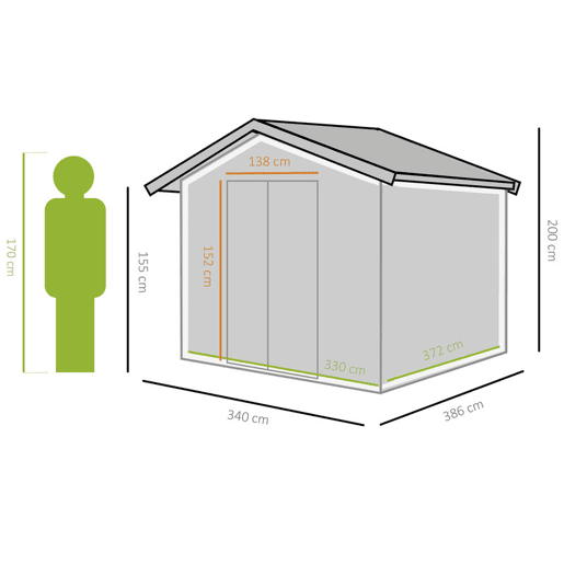 Outsunny Casota de Jardim Exterior, 12,4 m² 340x386x200 cm Abrigo de Jardim Metálico com Portas Duplas com Fechadura, Kit de Fundação e Ventilação para Armazenamento de Bicicletas Cinzento Escuro