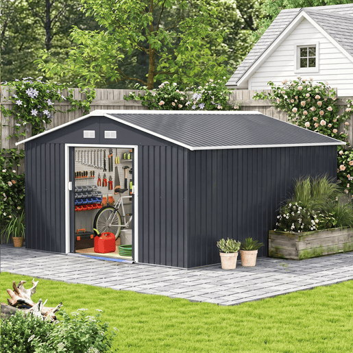 Outsunny Casota de Jardim Exterior, 12,4 m² 340x386x200 cm Abrigo de Jardim Metálico com Portas Duplas com Fechadura, Kit de Fundação e Ventilação para Armazenamento de Bicicletas Cinzento Escuro