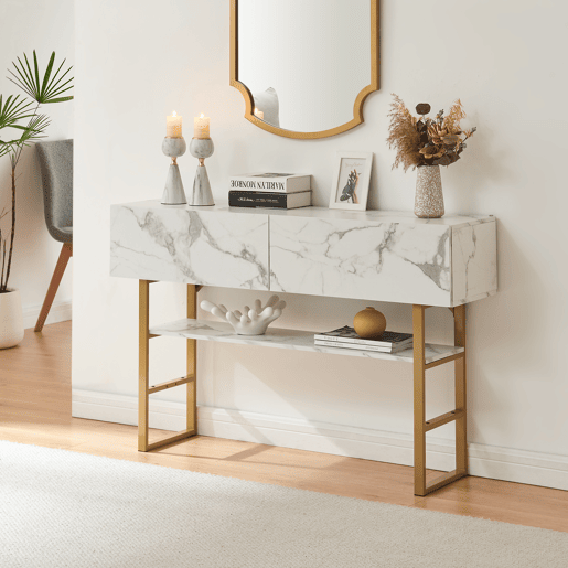 Mesa de consola Varberg com 2 gavetas 75x120x30 cm Mármore branco en.casa