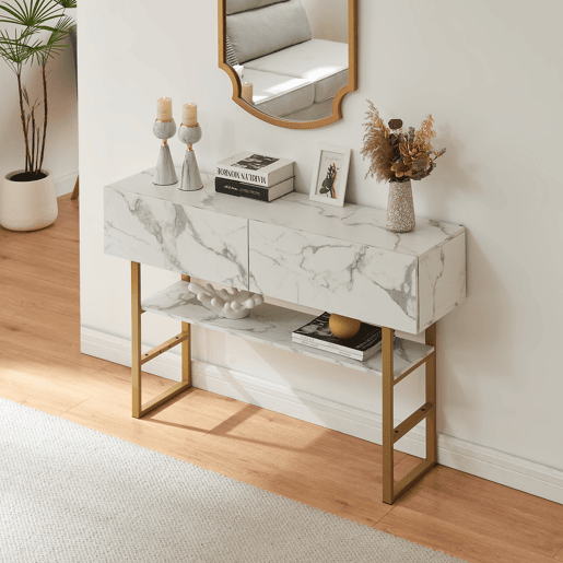 Mesa de consola Varberg com 2 gavetas 75x120x30 cm Mármore branco en.casa