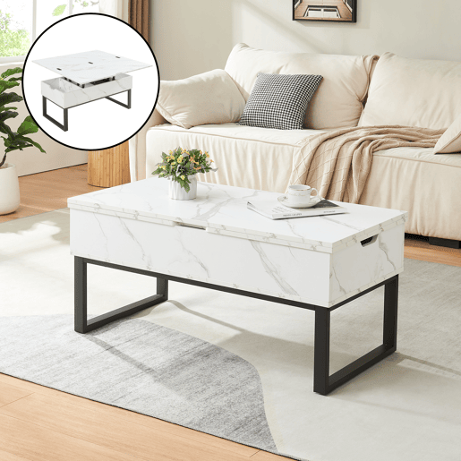 Mesa de centro Rauli com tampo elevatório e espaço de arrumação 100x50x47 cm Mármore branco en.casa
