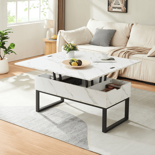 Mesa de centro Rauli com tampo elevatório e espaço de arrumação 100x50x47 cm Mármore branco en.casa