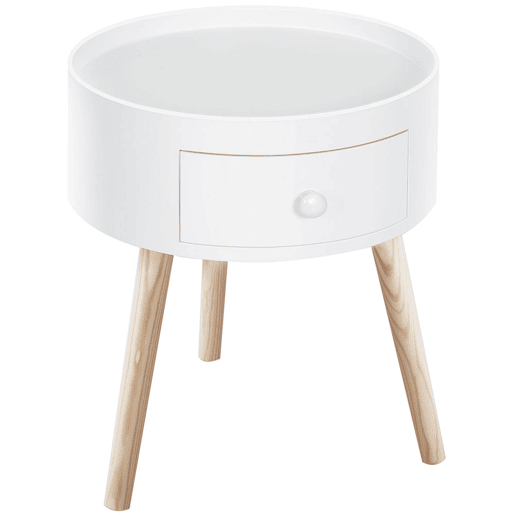 HOMCOM Mesa de Cabeceira com 1 Gaveta Mesa Auxiliar Redonda com Borda Elevada e 3 Pés de Madeira para Dormitório Sala de Estar Estilo Moderno Ø38x45 cm Branco