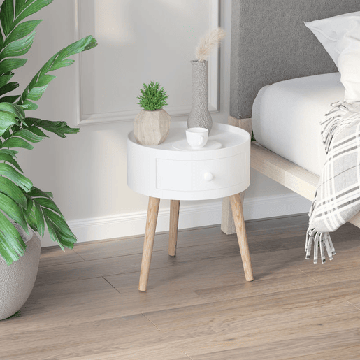 HOMCOM Mesa de Cabeceira com 1 Gaveta Mesa Auxiliar Redonda com Borda Elevada e 3 Pés de Madeira para Dormitório Sala de Estar Estilo Moderno Ø38x45 cm Branco