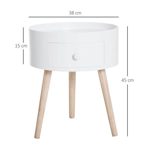 HOMCOM Mesa de Cabeceira com 1 Gaveta Mesa Auxiliar Redonda com Borda Elevada e 3 Pés de Madeira para Dormitório Sala de Estar Estilo Moderno Ø38x45 cm Branco